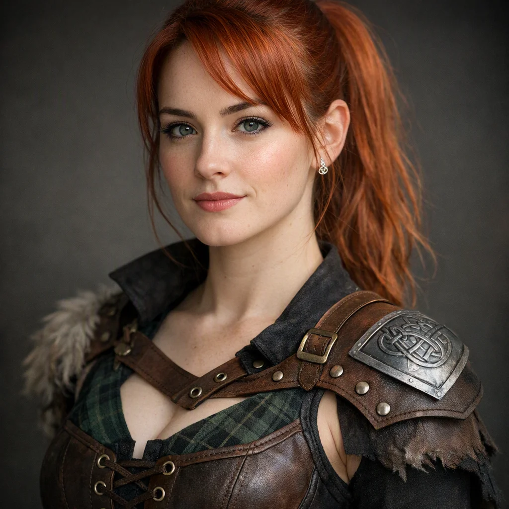 A Scottish woman in her 20s with red hair in a ponytail and a confident expression.